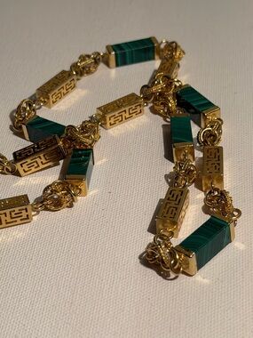 Gold Tone Green Malachite Style Link Necklace Geometric Statement